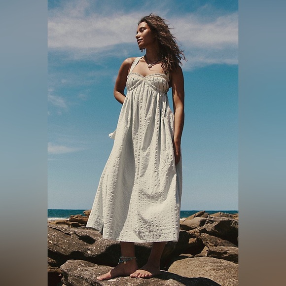 NWOT Free People Poppy Cotton Seersucker Midi Dress in Smoke (Light Blue) Sz M - Picture 2 of 12